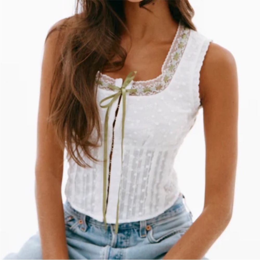 With Jean White Blouse with Green Trim